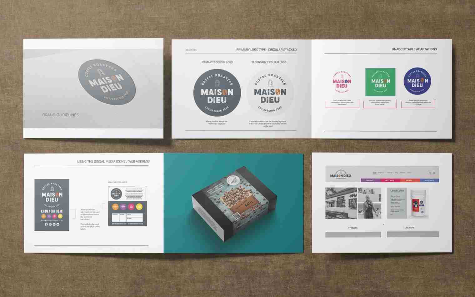 Brand guidelines presentation featuring logos and design elements for Mais en Dieu.