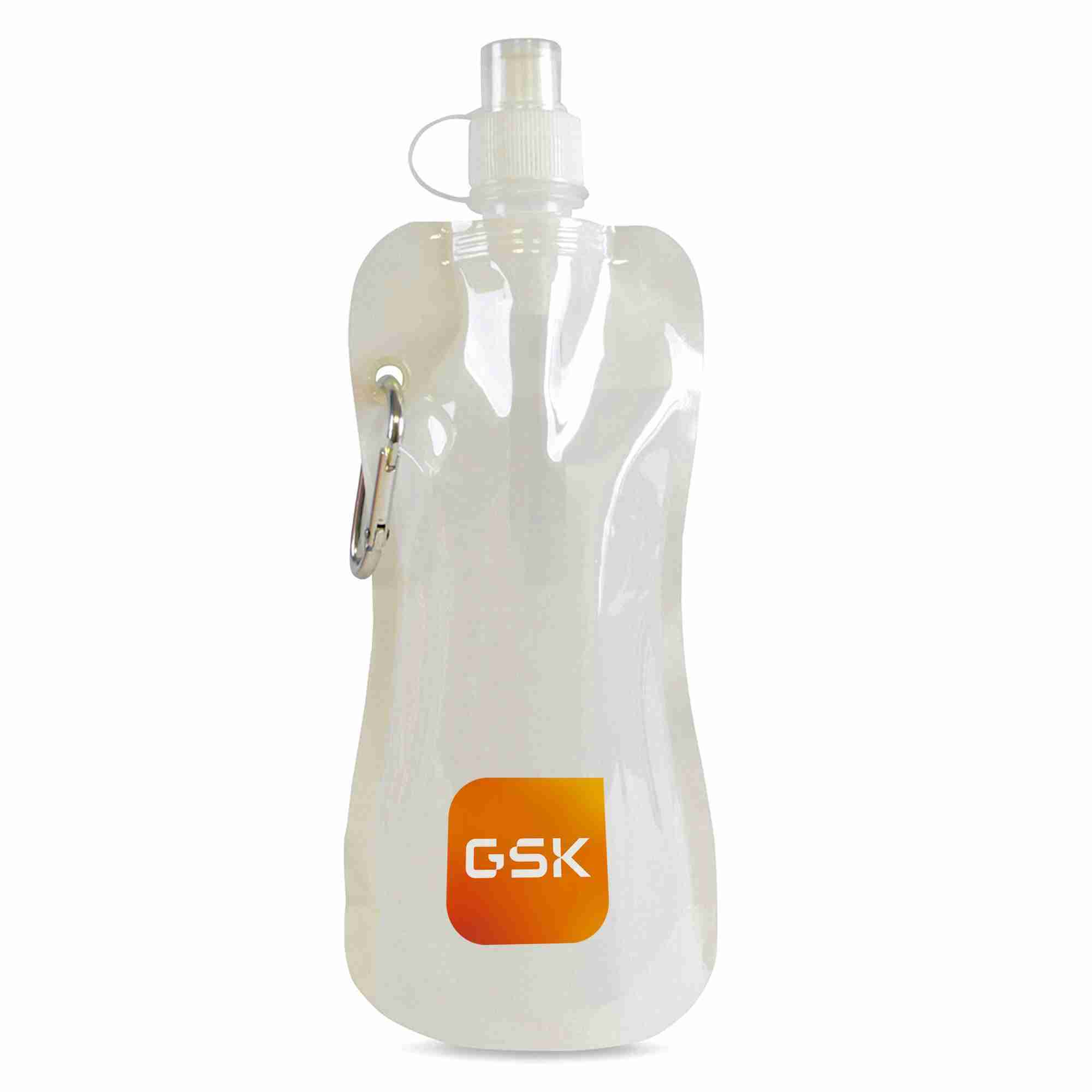 Clear, flexible water bottle with a GSK logo and a screw-on cap.