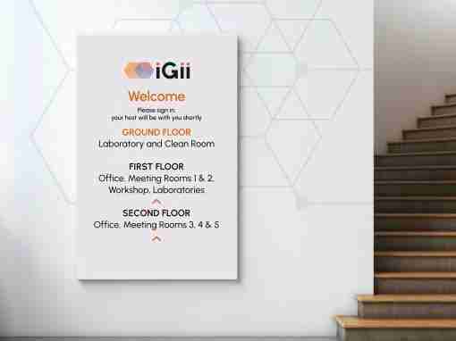 iGii Internal Signage Signage displaying directions for the iGii facility, including floor information and room names.