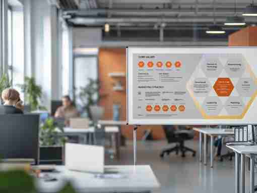 Vision Board Display in Office Setting Vision board with core values and marketing strategy displayed in a modern office environment.