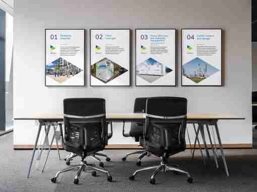 Framed Informational Panels in an Office Setting Four framed informational panels displayed on a wall in a modern office meeting room.