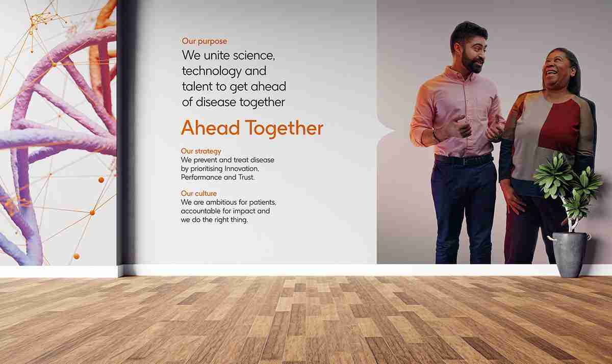 Wall art in GSK office featuring a woman in a hard hat and the text 'Uniting science, technology & talent'.