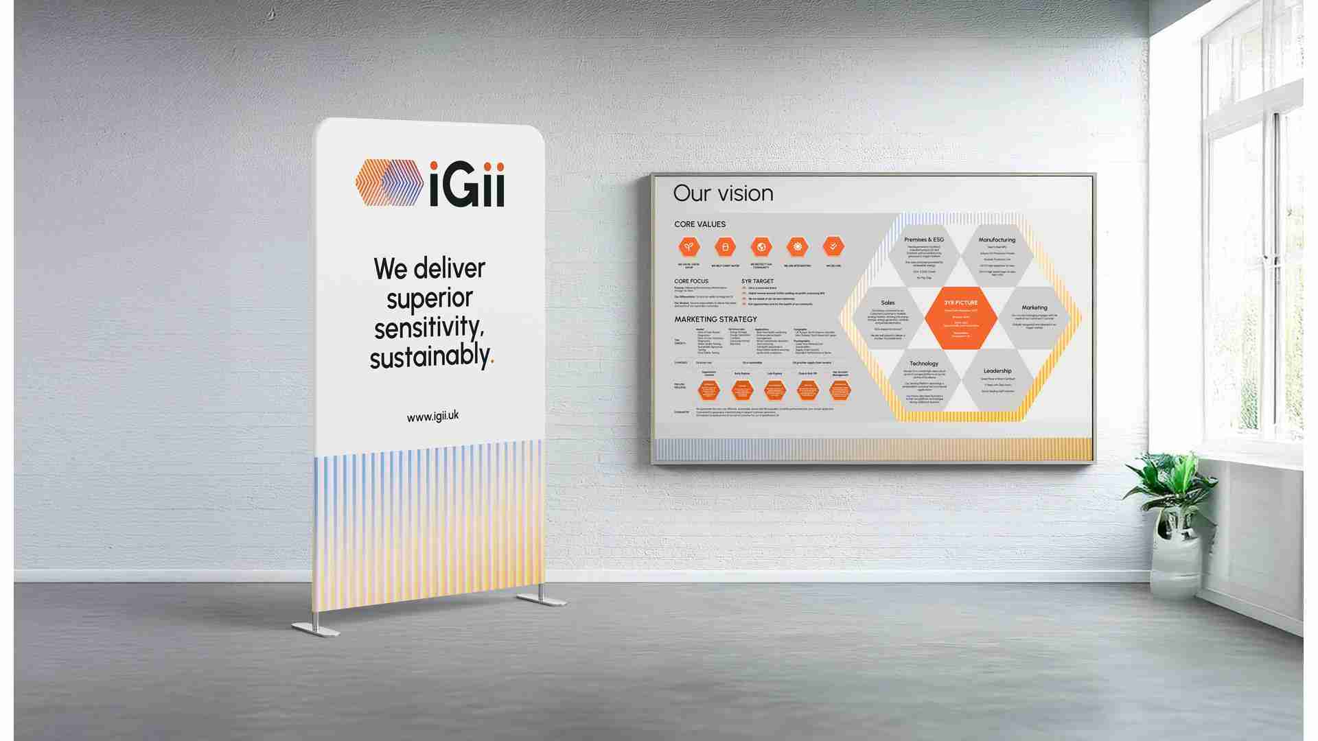 Display stand with iGII branding and a vision board on the wall in an office setting.