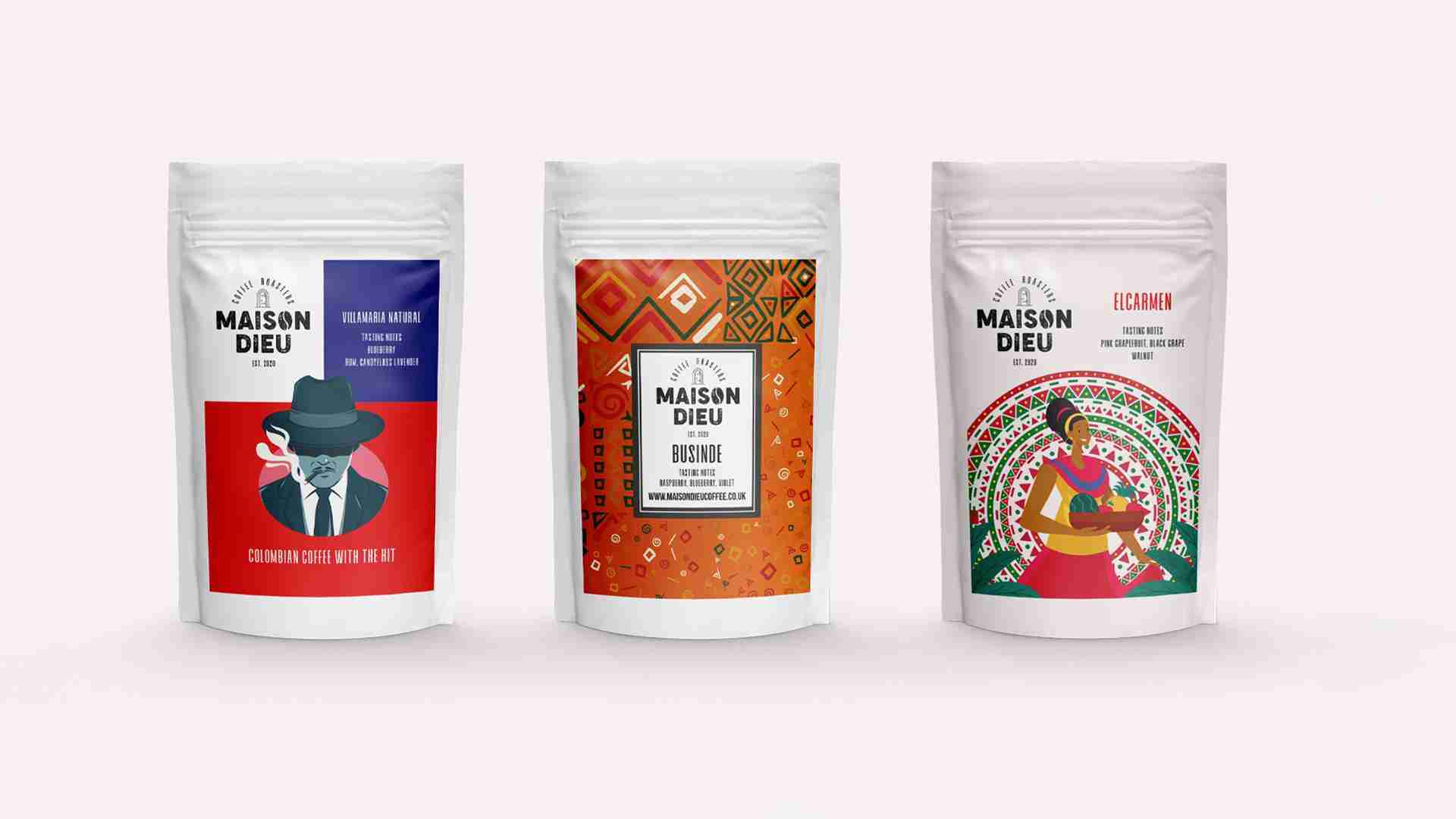 Three coffee packaging bags featuring different designs and colors for Colombian and Brazilian coffee.