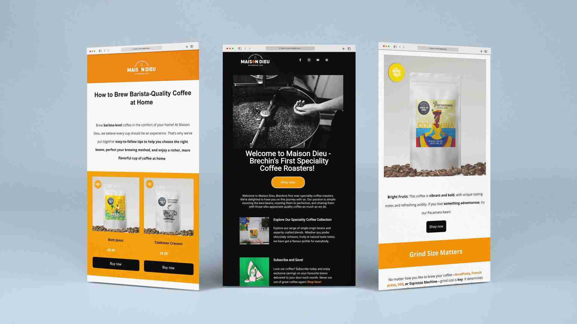 Tablet displaying a website with coffee products and images of coffee drinks.