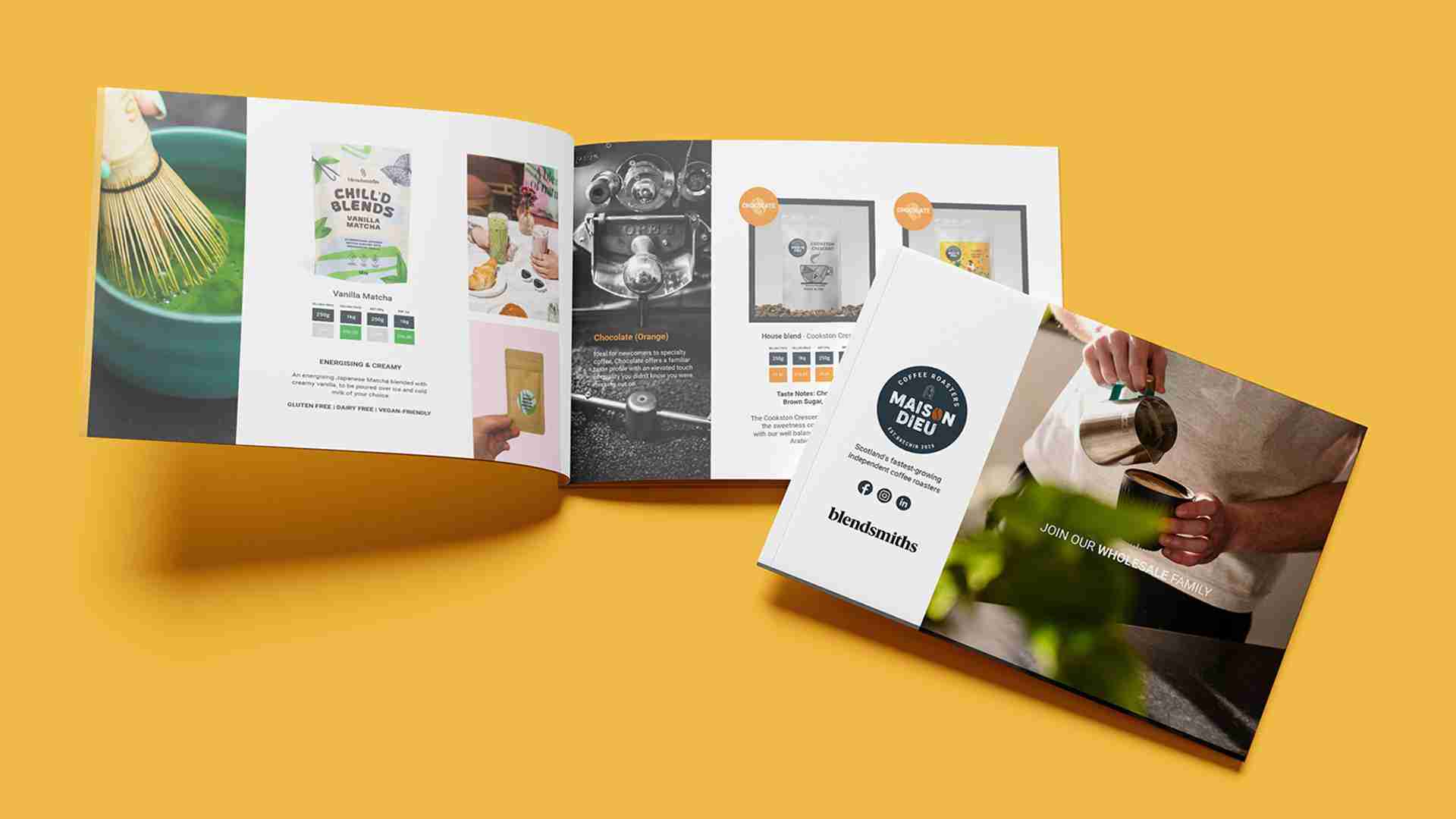 Open product catalog featuring food items and preparation tools on a yellow background.